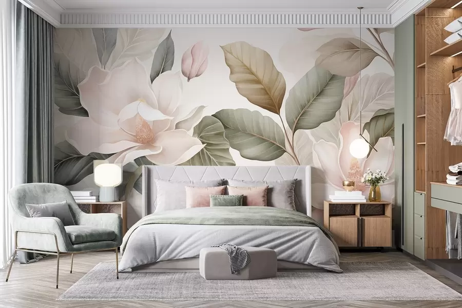 wall murals Цветови магнолије са листовима у пастелним бојама, белим, ружичастим и зеленим, меким, нежним, акварел стилом w09427