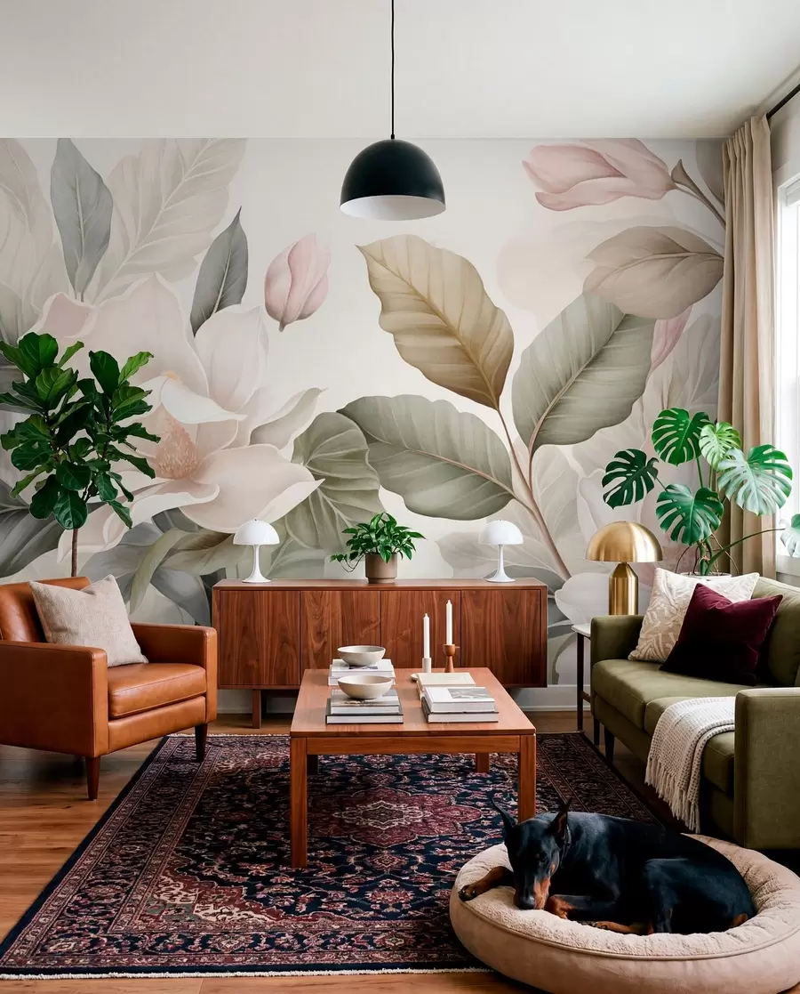wall murals Цветови магнолије са листовима у пастелним бојама, белим, ружичастим и зеленим, меким, нежним, акварел стилом w09427