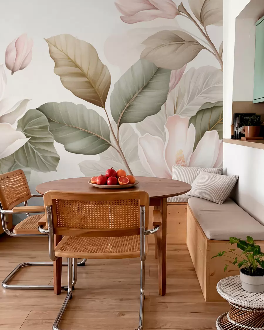 wall murals Цветови магнолије са листовима у пастелним бојама, белим, ружичастим и зеленим, меким, нежним, акварел стилом w09427
