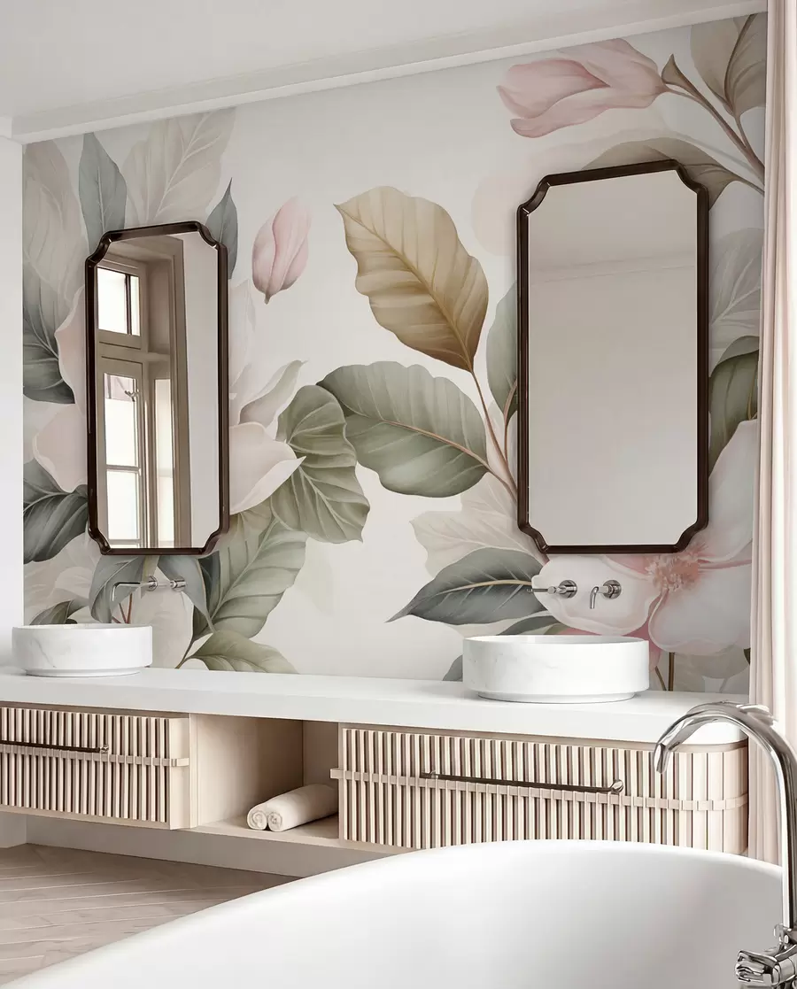 wall murals Цветови магнолије са листовима у пастелним бојама, белим, ружичастим и зеленим, меким, нежним, акварел стилом w09427