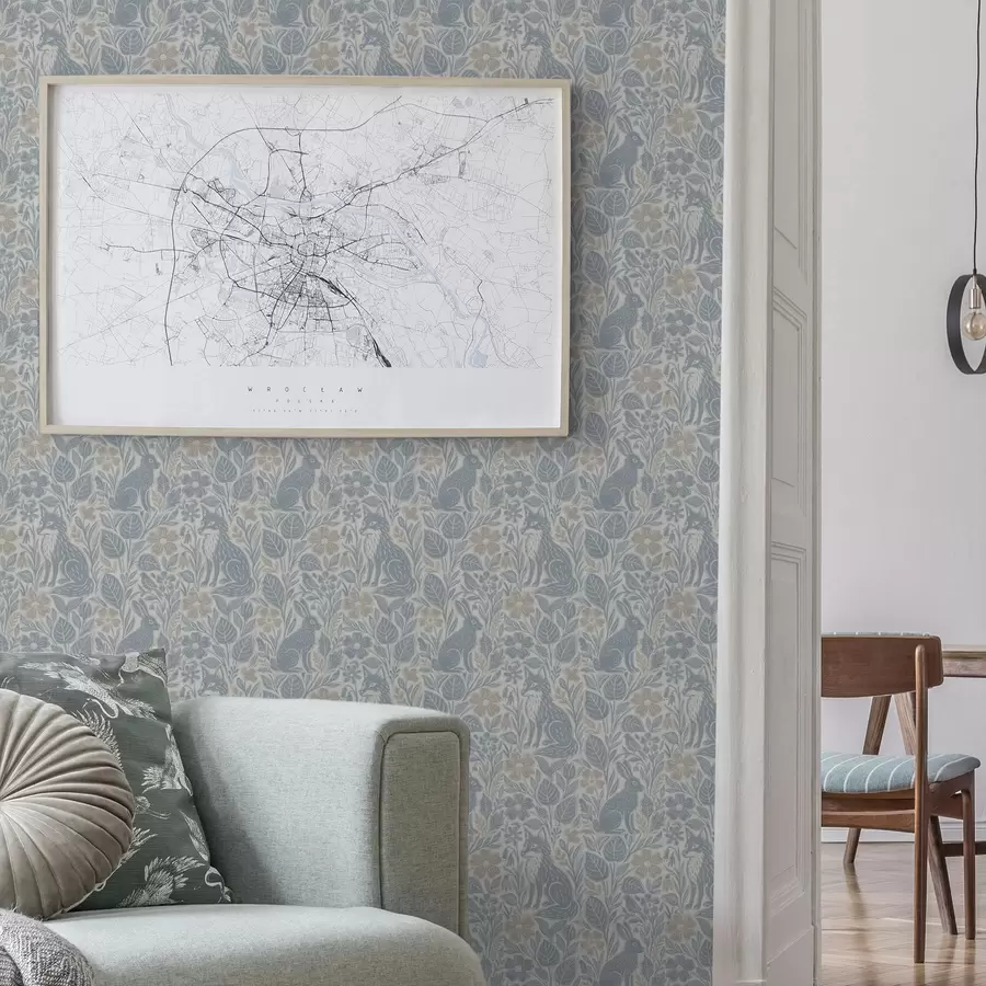 wall murals Шумске животиње и цвеће: лисица и зец у плавим тоновима a00613