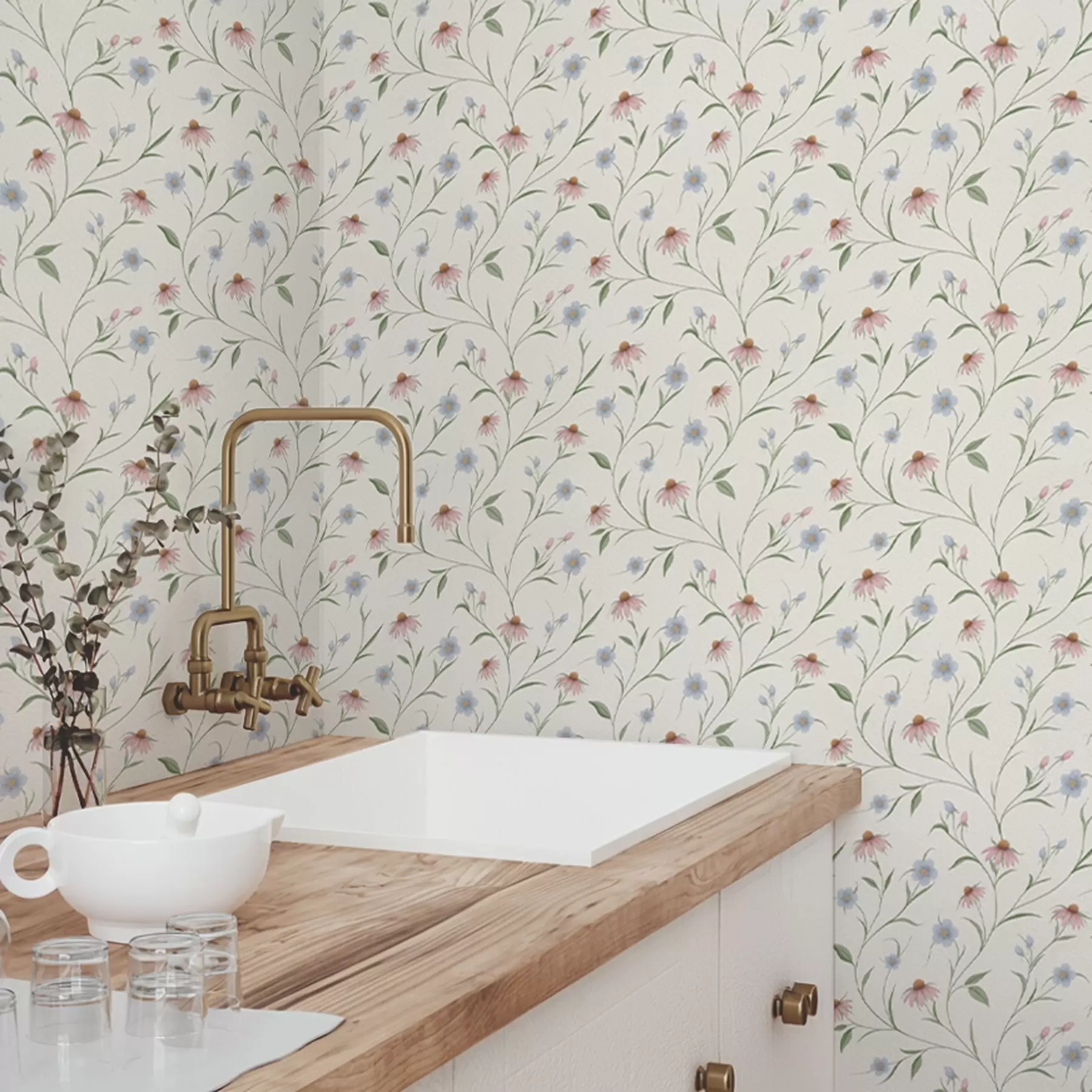 wall murals Пољске беле раде и ехинацеа на кремастој позадини, лакоћа a00614