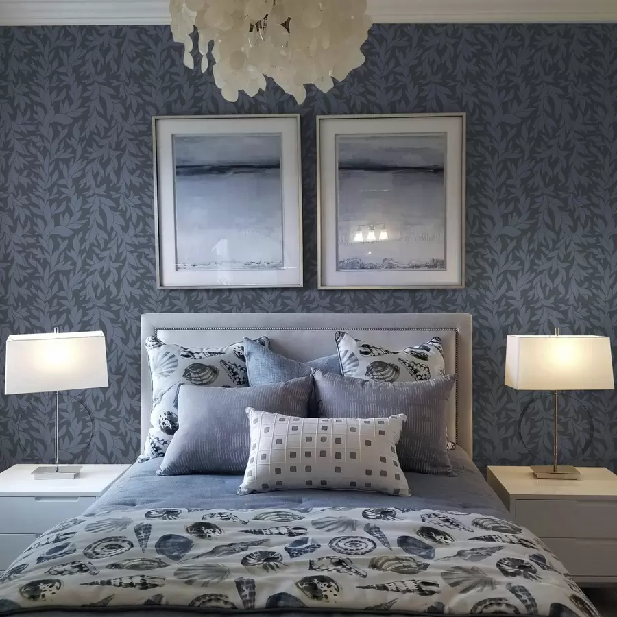 wall murals Графитно плава позадина и плаво лишће, текстурирани потез a00616v2