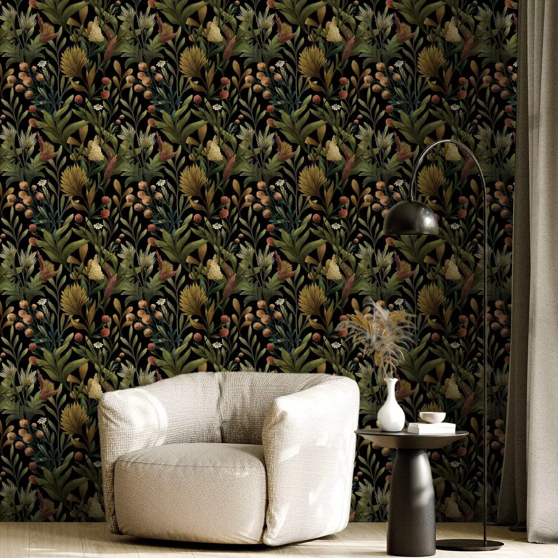 wall murals Ботаничка башта на црној позадини, топла јесења палета a00619