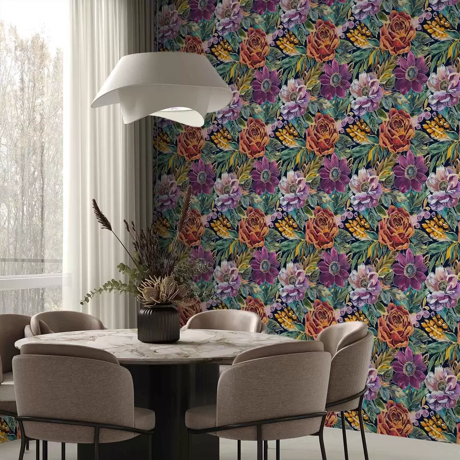 wall murals Смело велико цвеће осликано четкицом на тамноплавој позадини a00643