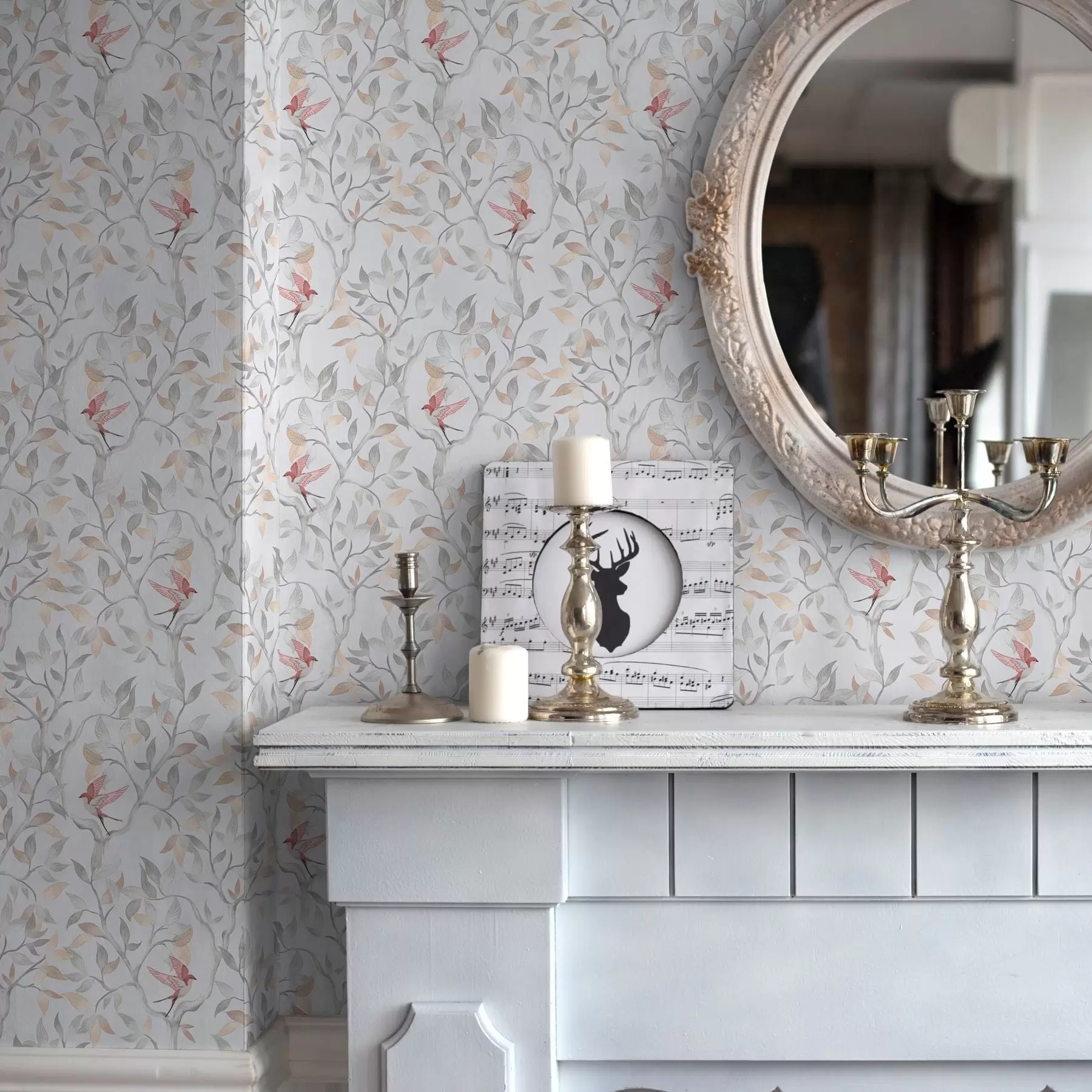 wall murals Светле гране са лишћем и птицама у бресквастим тоновима a00716