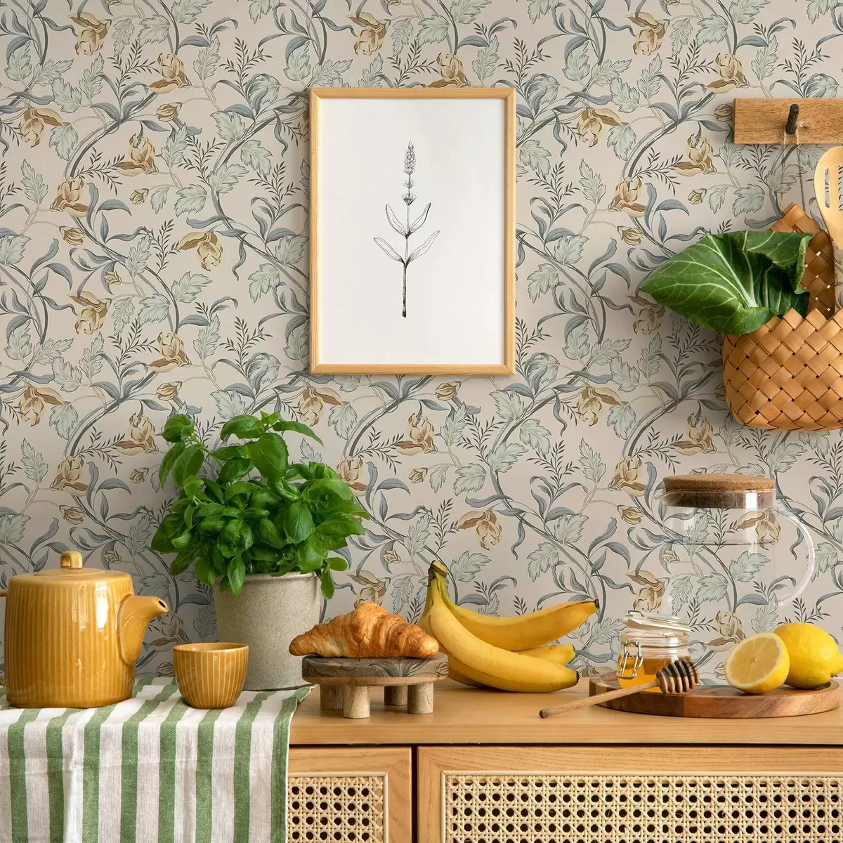 Позадина Винтажно цвеће са плавим лишћем на кремастој позадини a00717