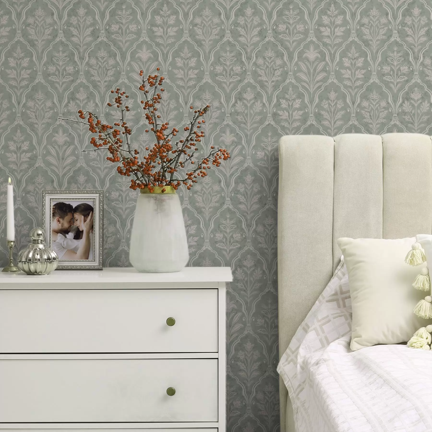 wall murals Дамаск боје менте са финим цветним медаљонима a00741