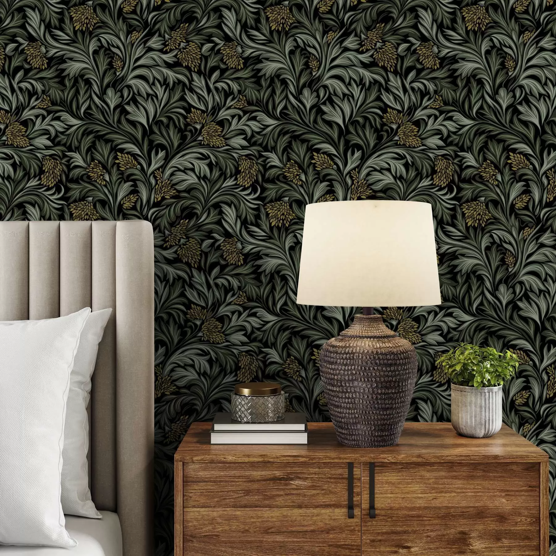 wall murals Тамни листови акантуса са жутим шишарима на црној боји a00745