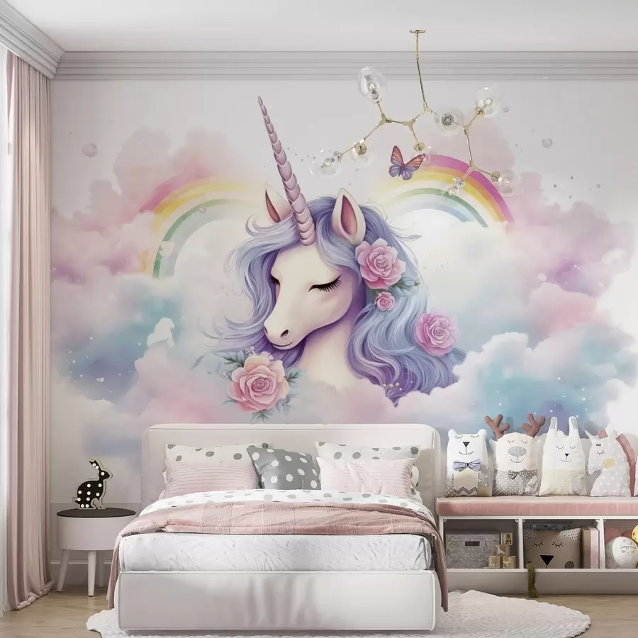 wall murals Пастелни једнорог у облацима са дугом и ружама w03990