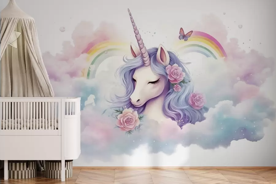 wall murals Пастелни једнорог у облацима са дугом и ружама w03990