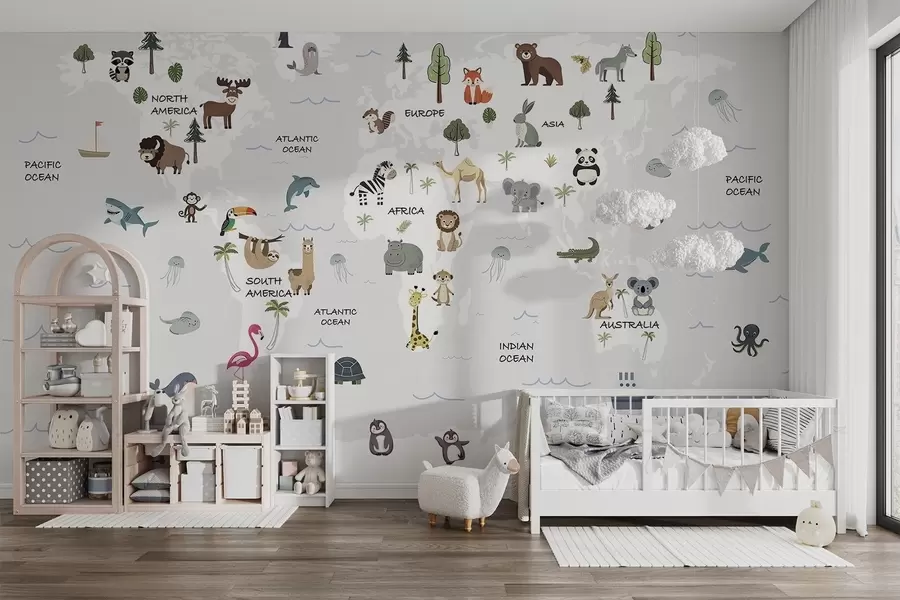 wall murals Мапа света са животињама w04663