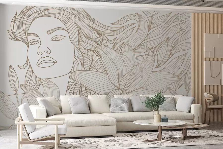 wall murals Портрет девојке у цветовима љиљана у беж нијансама w04689v1