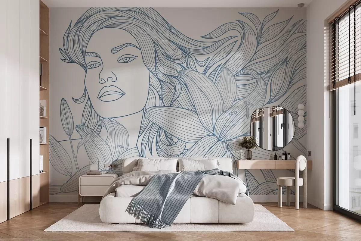 wall murals Портрет девојке у цветовима љиљана у нијансама плаве w04689v2