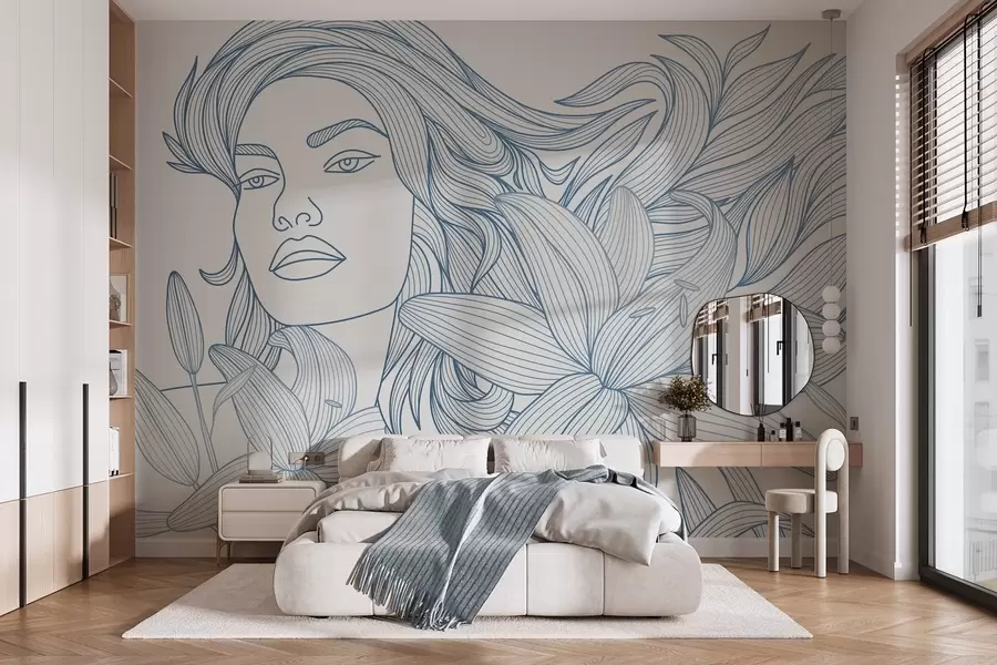 wall murals Портрет девојке у цветовима љиљана у нијансама плаве w04689v2