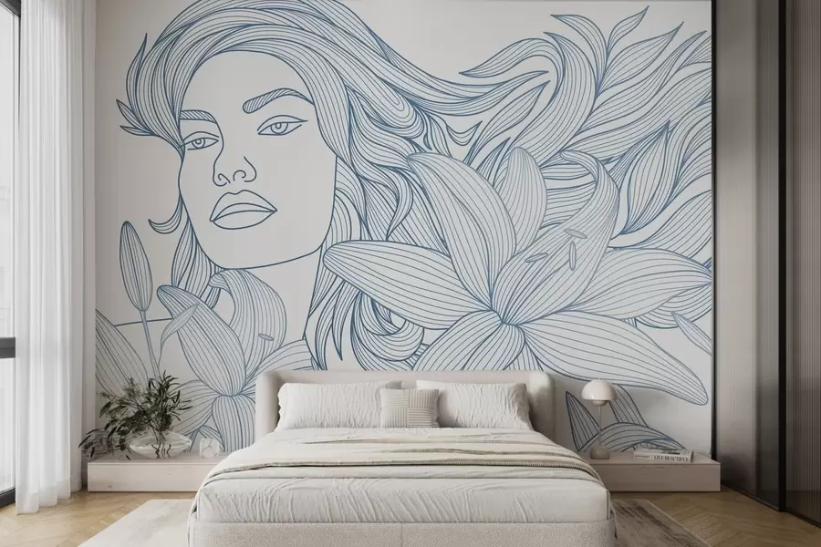 wall murals Портрет девојке у цветовима љиљана у нијансама плаве w04689v2