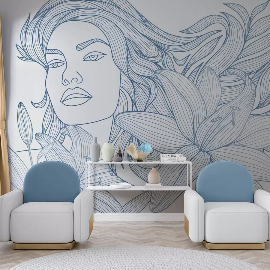 wall murals Портрет девојке у цветовима љиљана у нијансама плаве w04689v2