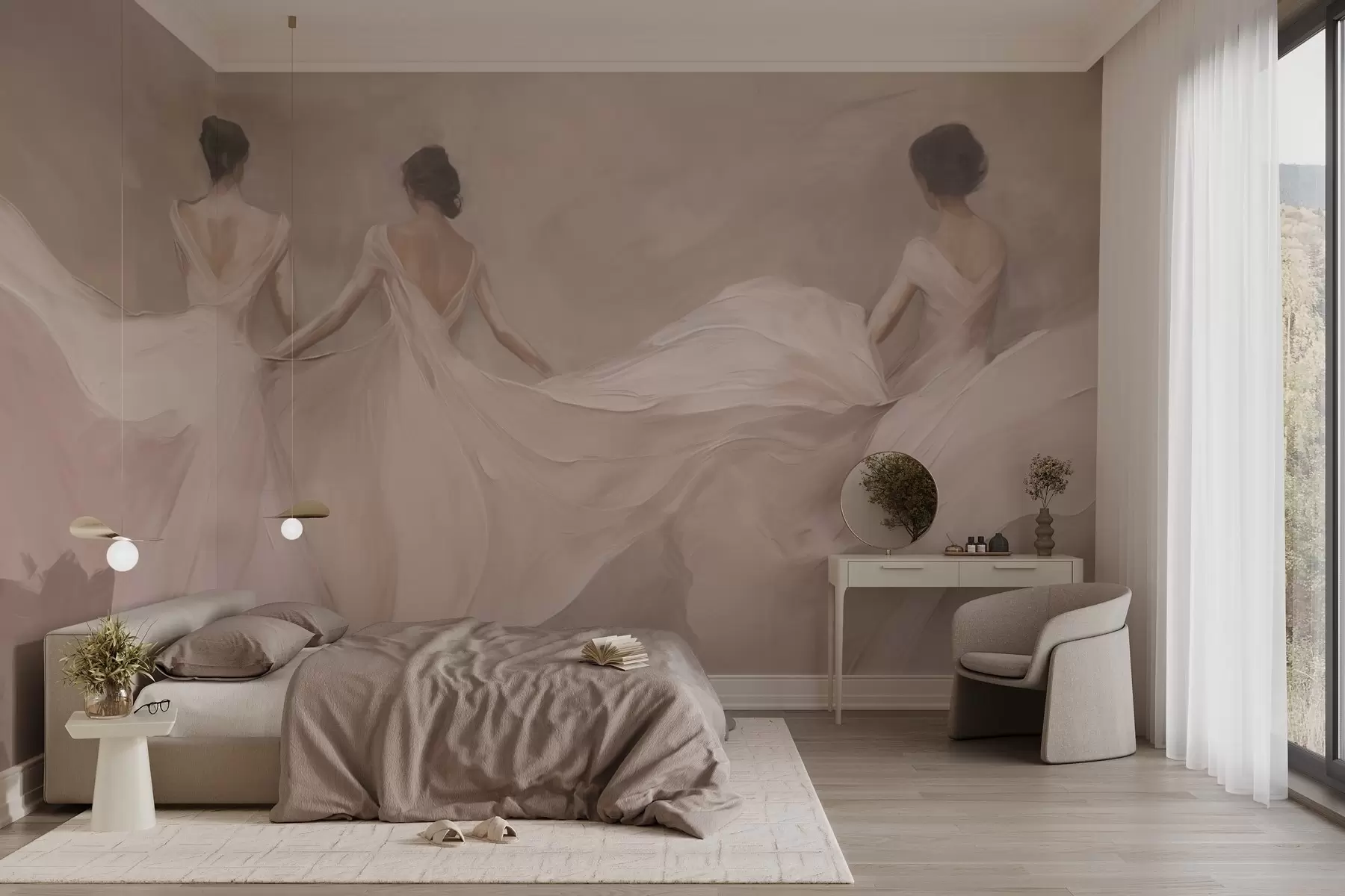 wall murals Три жене у ружичастим хаљинама, лепршава тканина, мекоћа w04709