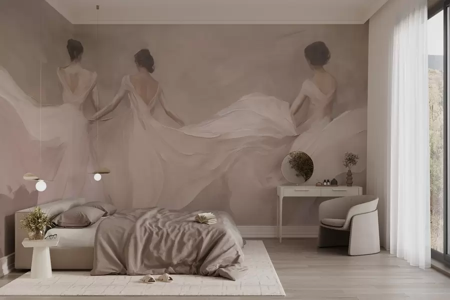 wall murals Три жене у ружичастим хаљинама, лепршава тканина, мекоћа w04709
