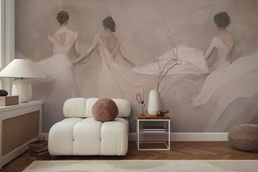wall murals Три жене у ружичастим хаљинама, лепршава тканина, мекоћа w04709