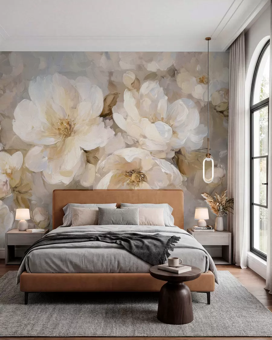 wall murals велико цвеће у белим и беж тоновима у стилу уљаног сликарства w04633