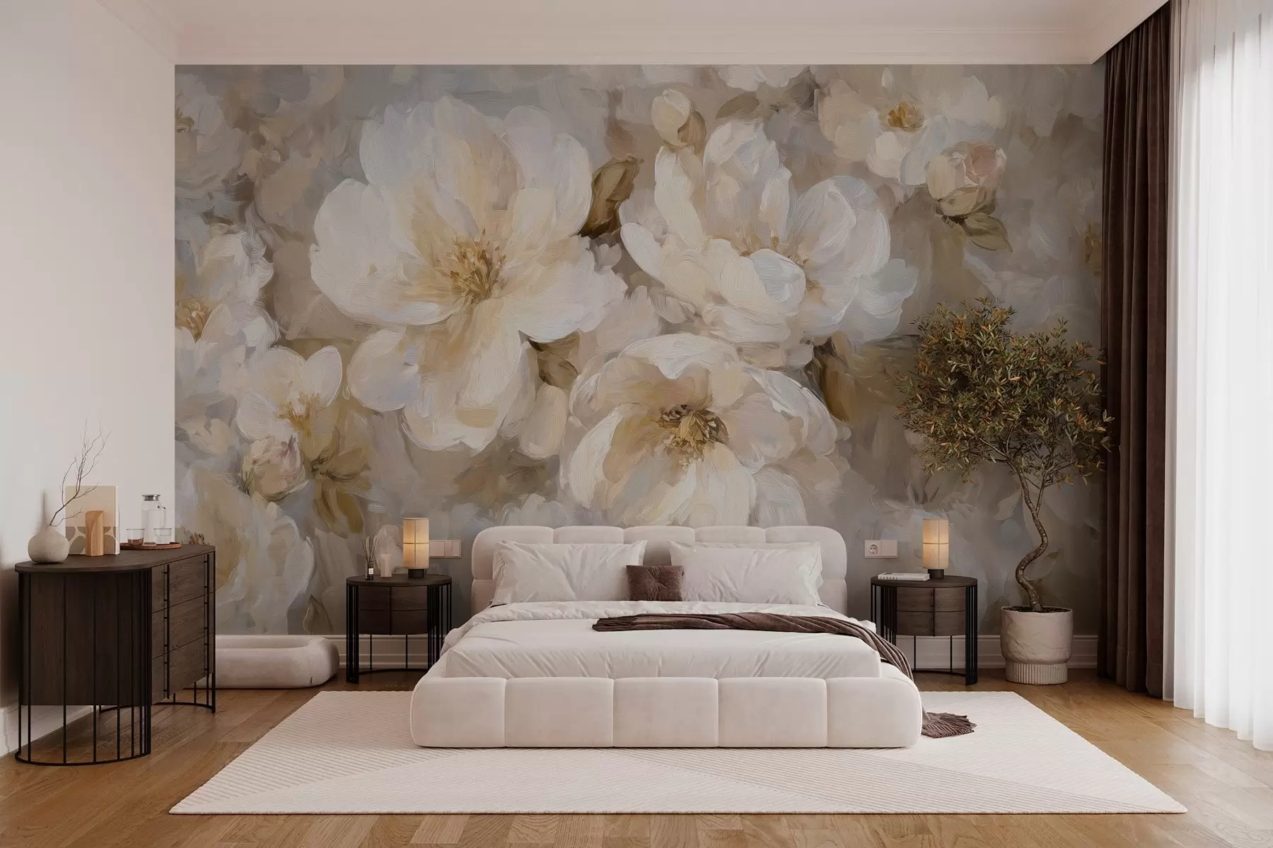 wall murals велико цвеће у белим и беж тоновима у стилу уљаног сликарства w04633