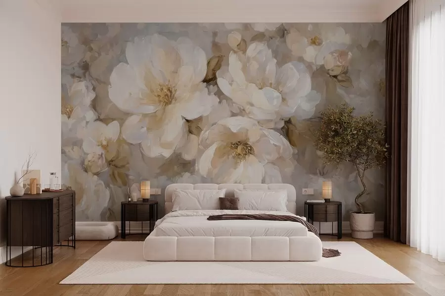 wall murals велико цвеће у белим и беж тоновима у стилу уљаног сликарства w04633