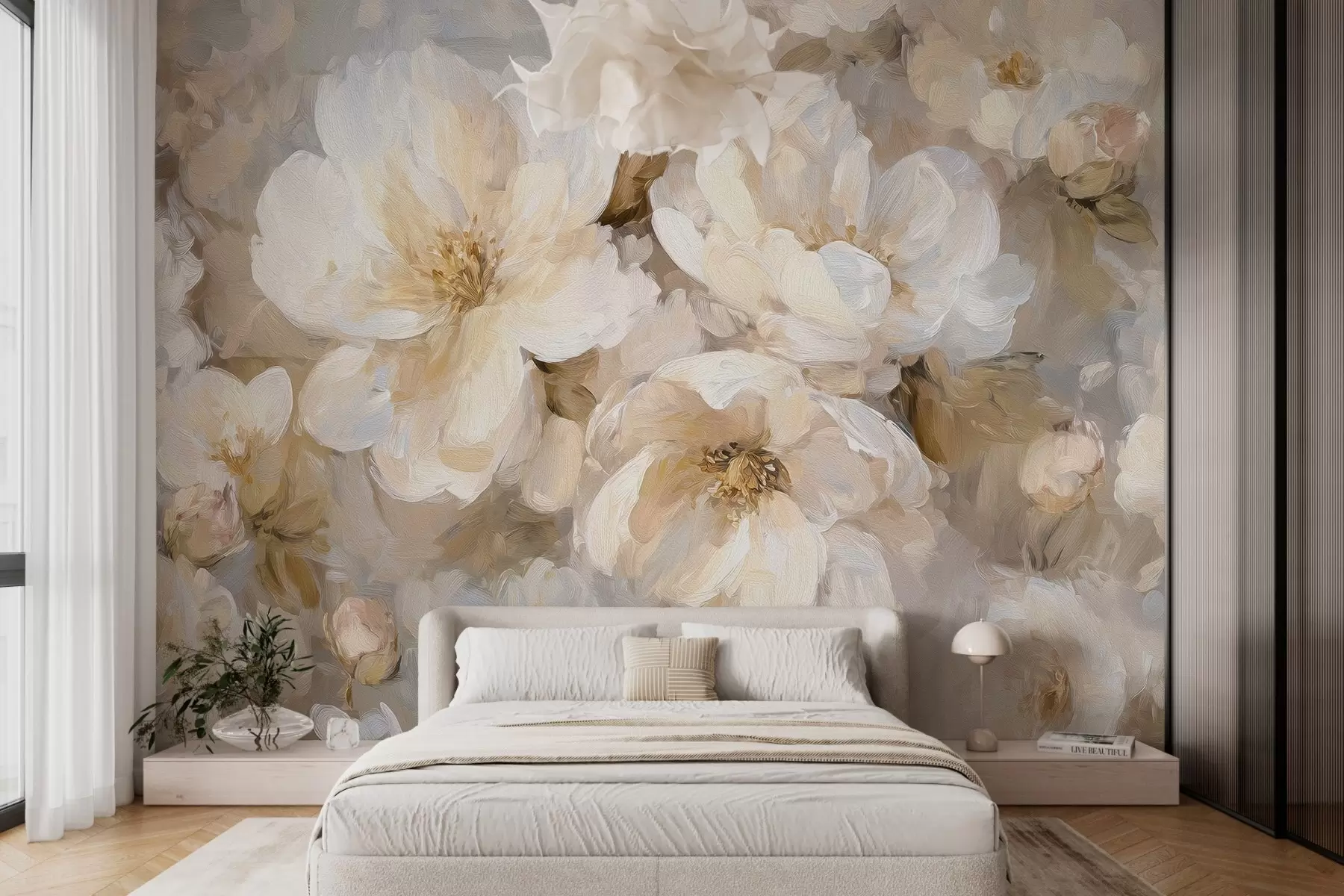 wall murals велико цвеће у белим и беж тоновима у стилу уљаног сликарства w04633