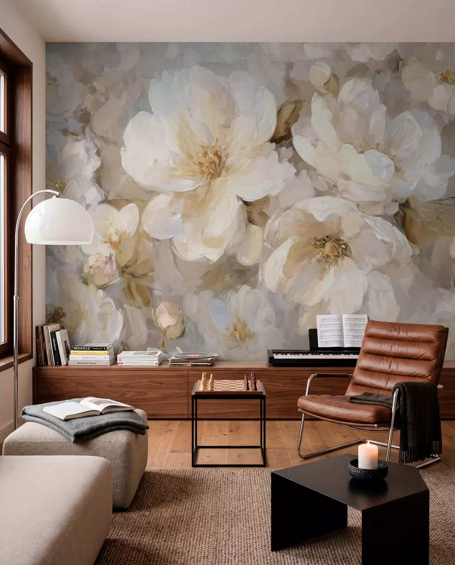 wall murals велико цвеће у белим и беж тоновима у стилу уљаног сликарства w04633