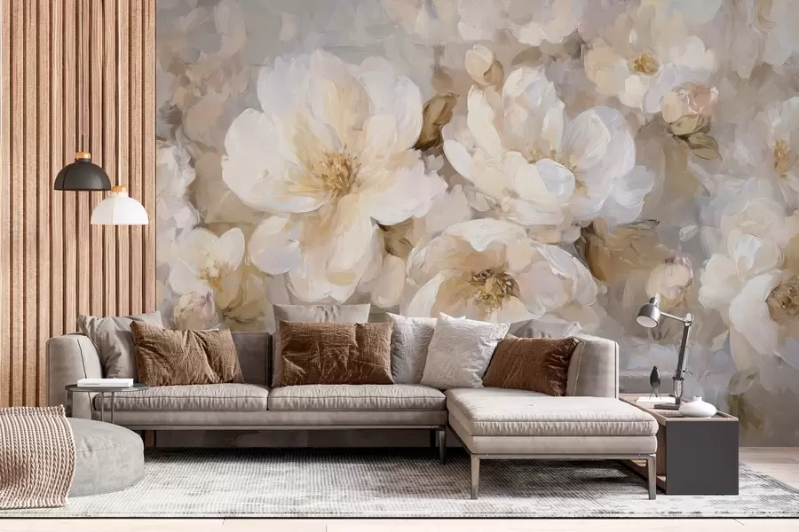 wall murals велико цвеће у белим и беж тоновима у стилу уљаног сликарства w04633