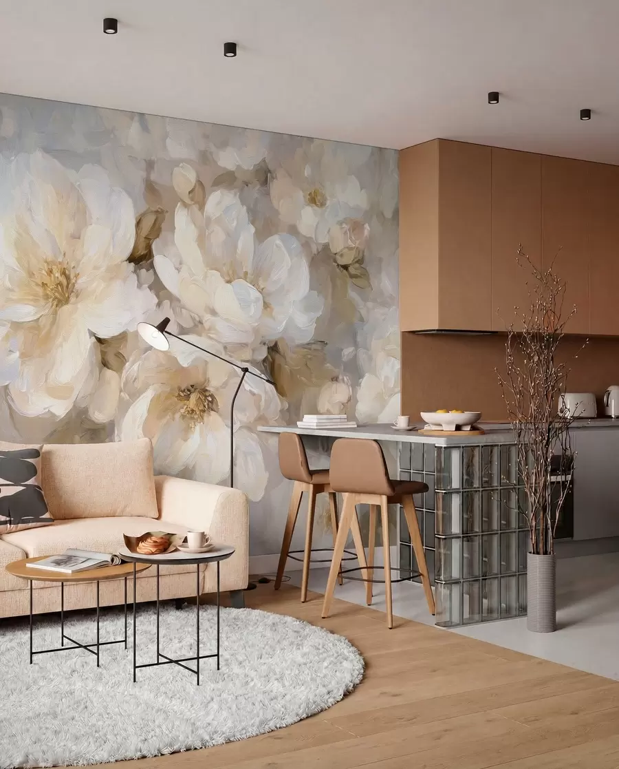 wall murals велико цвеће у белим и беж тоновима у стилу уљаног сликарства w04633