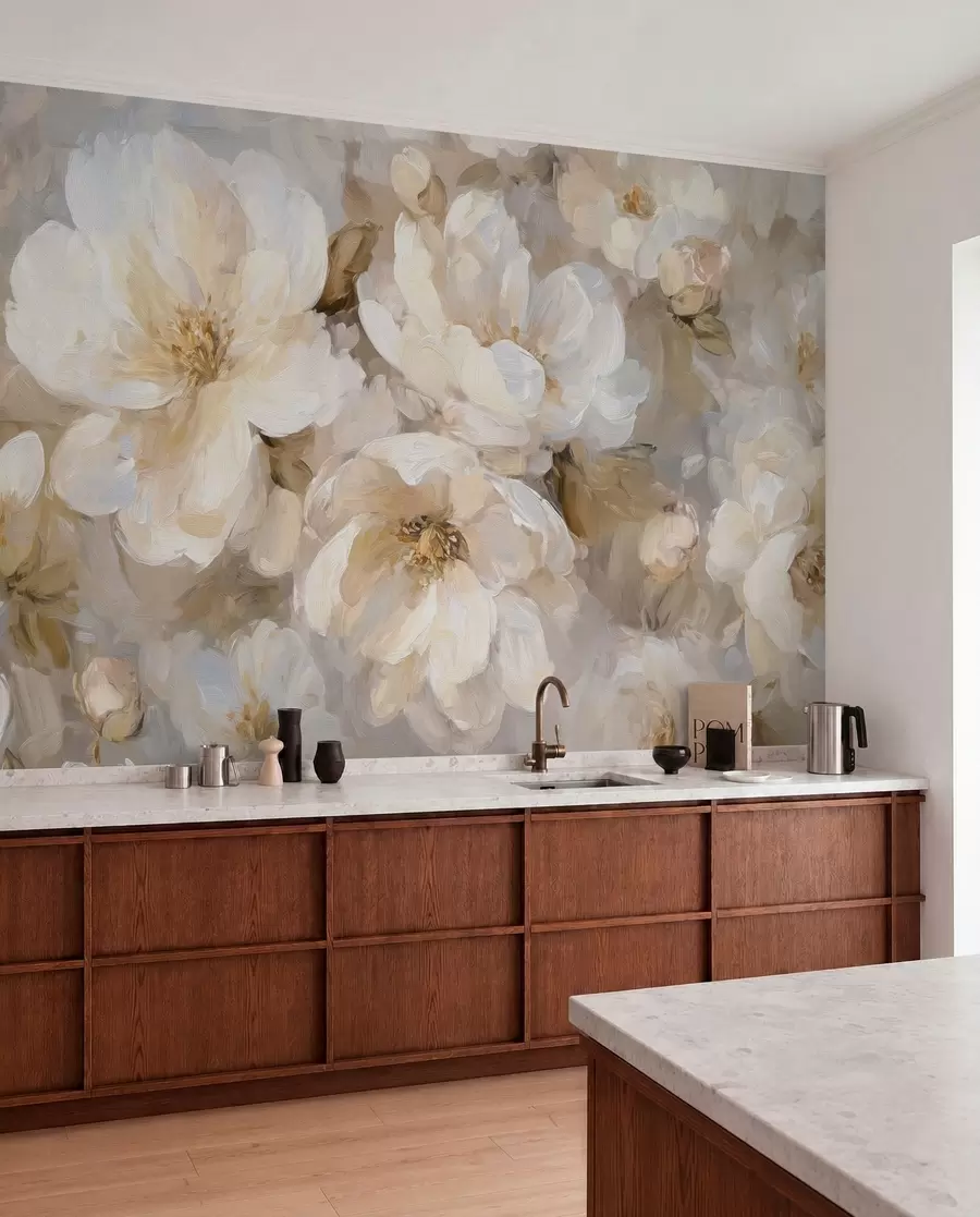 wall murals велико цвеће у белим и беж тоновима у стилу уљаног сликарства w04633