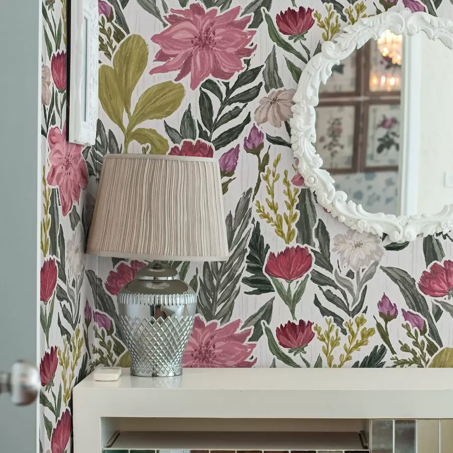 wall murals Бујно ружичасто и кремасто цвеће на белој позадини, импасто текстура a00629v1