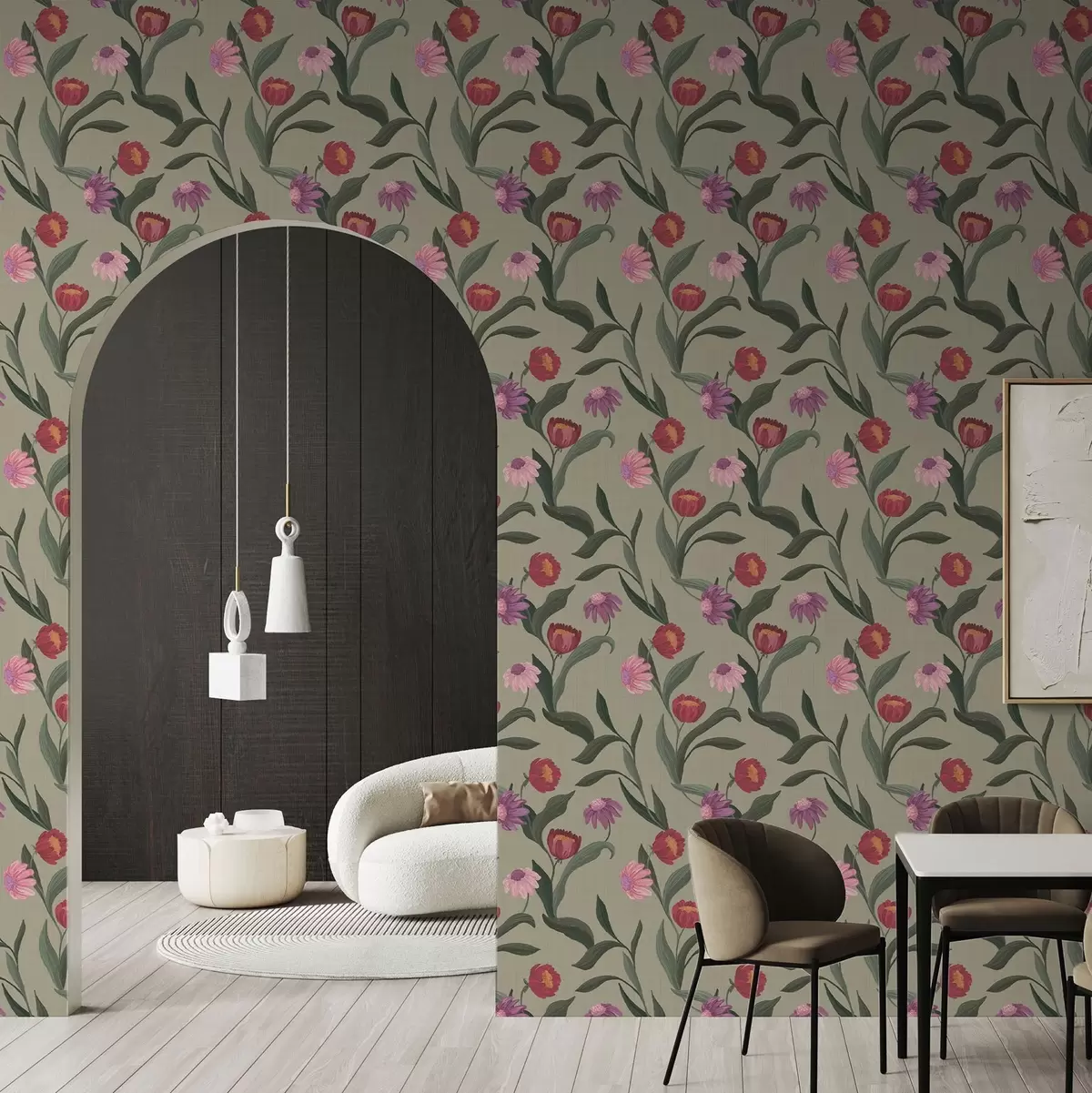 Позадина Ружичасто-црвени цветови на маслинастој позадини, текстура платна a00631v1