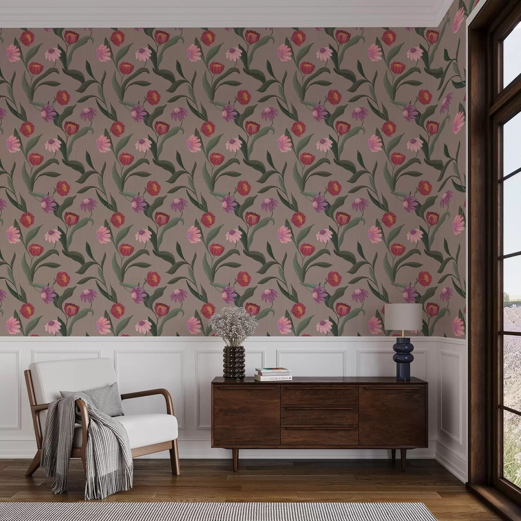 wall murals Ружичасто-црвени цветови на таупе позадини, дуге стабљике a00631v2