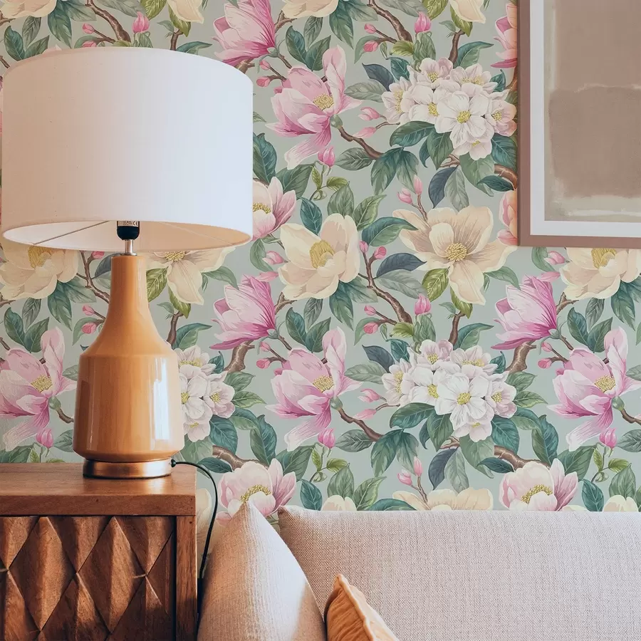 wall murals Магнолије и бели цветови на менто сивој позадини a00644