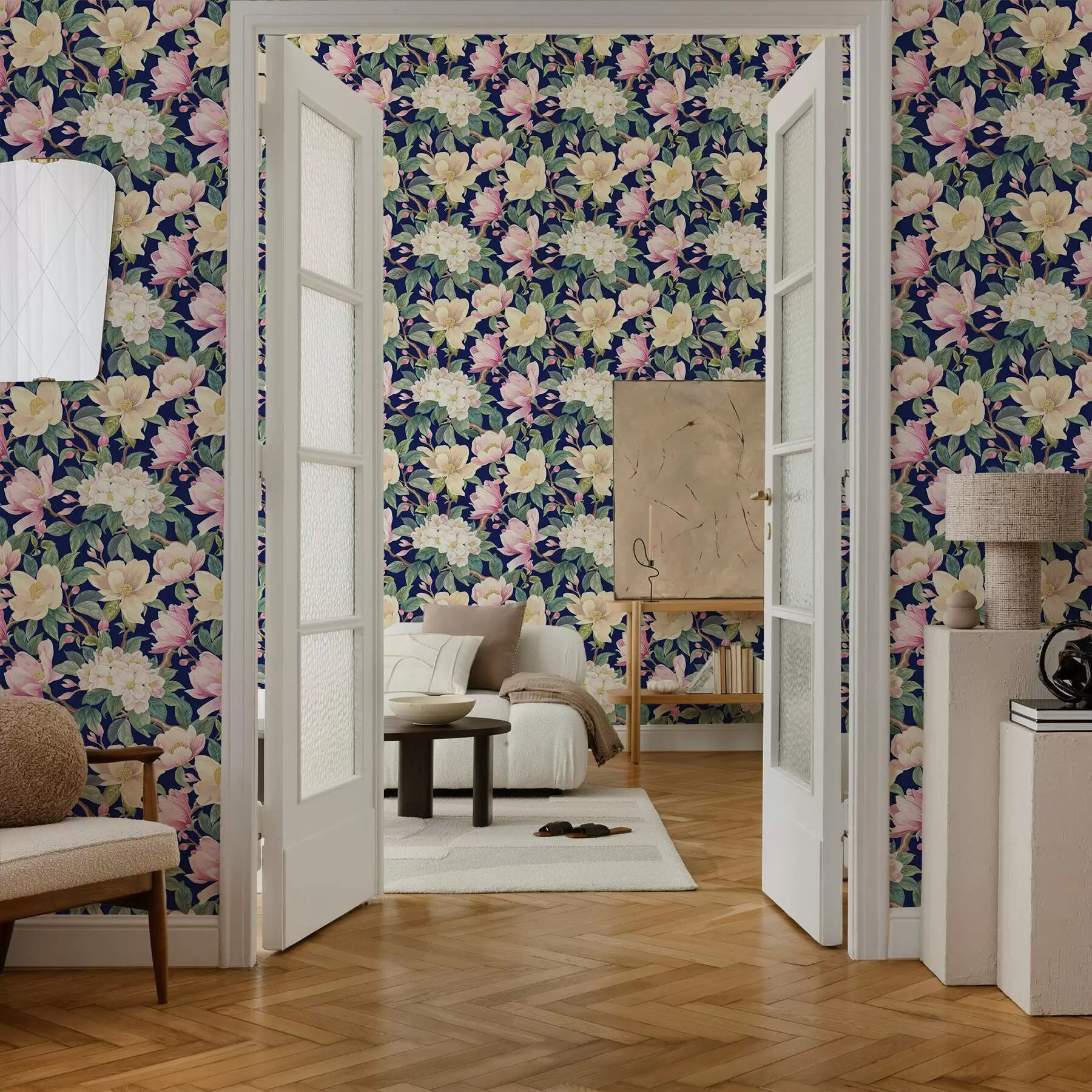 wall murals Магнолије и пупољци на дубоко тамноплавој позадини a00644v1
