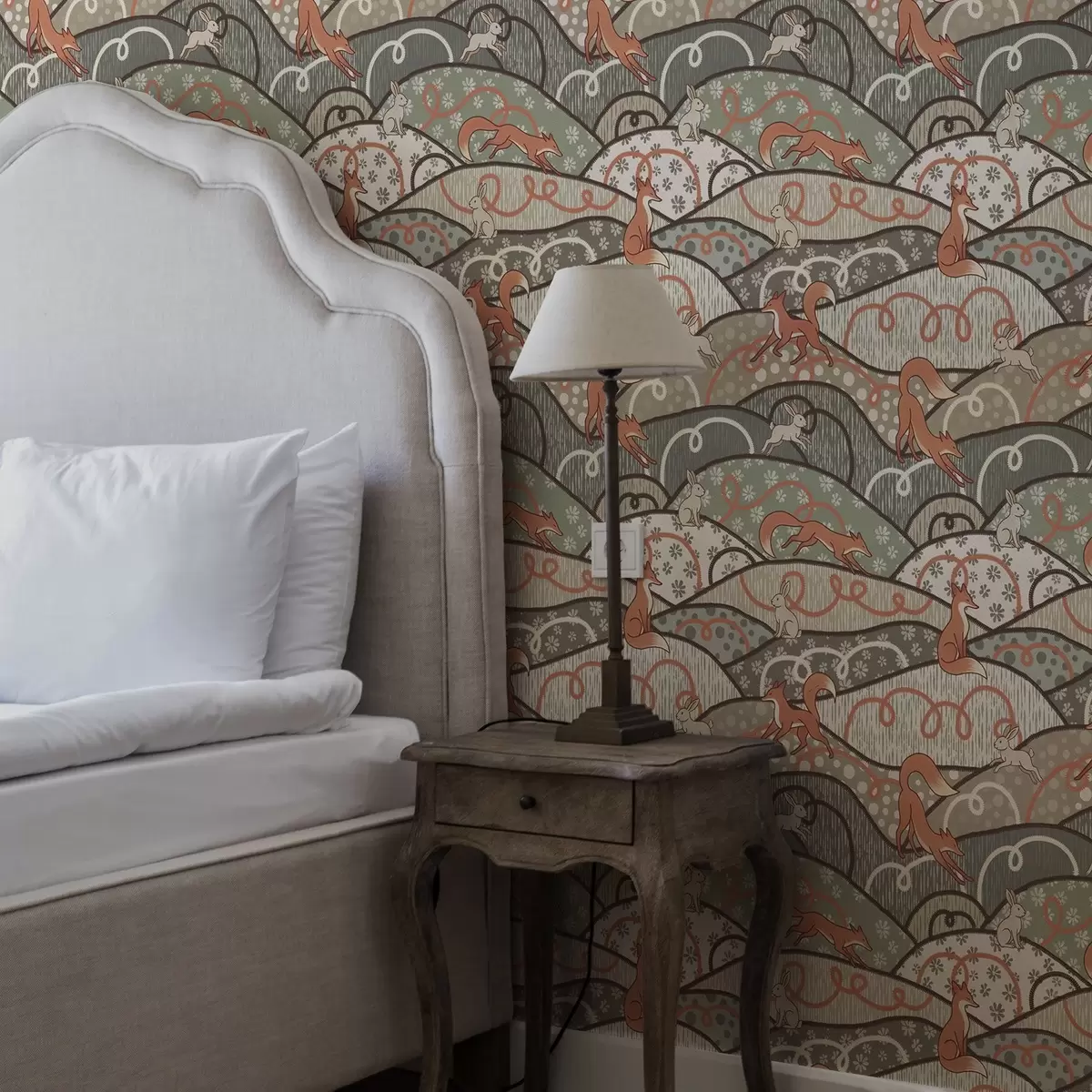 Позадина Лисице и зечеви на валовитим брдима, ретро узорак a00690