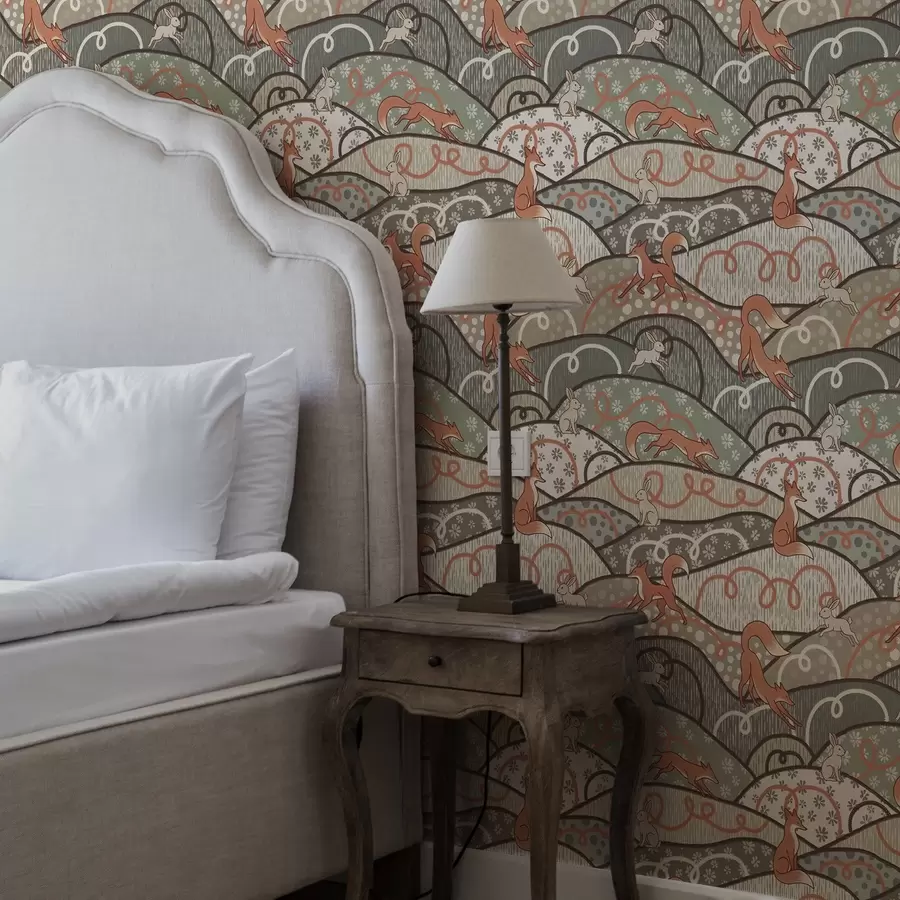 wall murals Лисице и зечеви на валовитим брдима, ретро узорак a00690