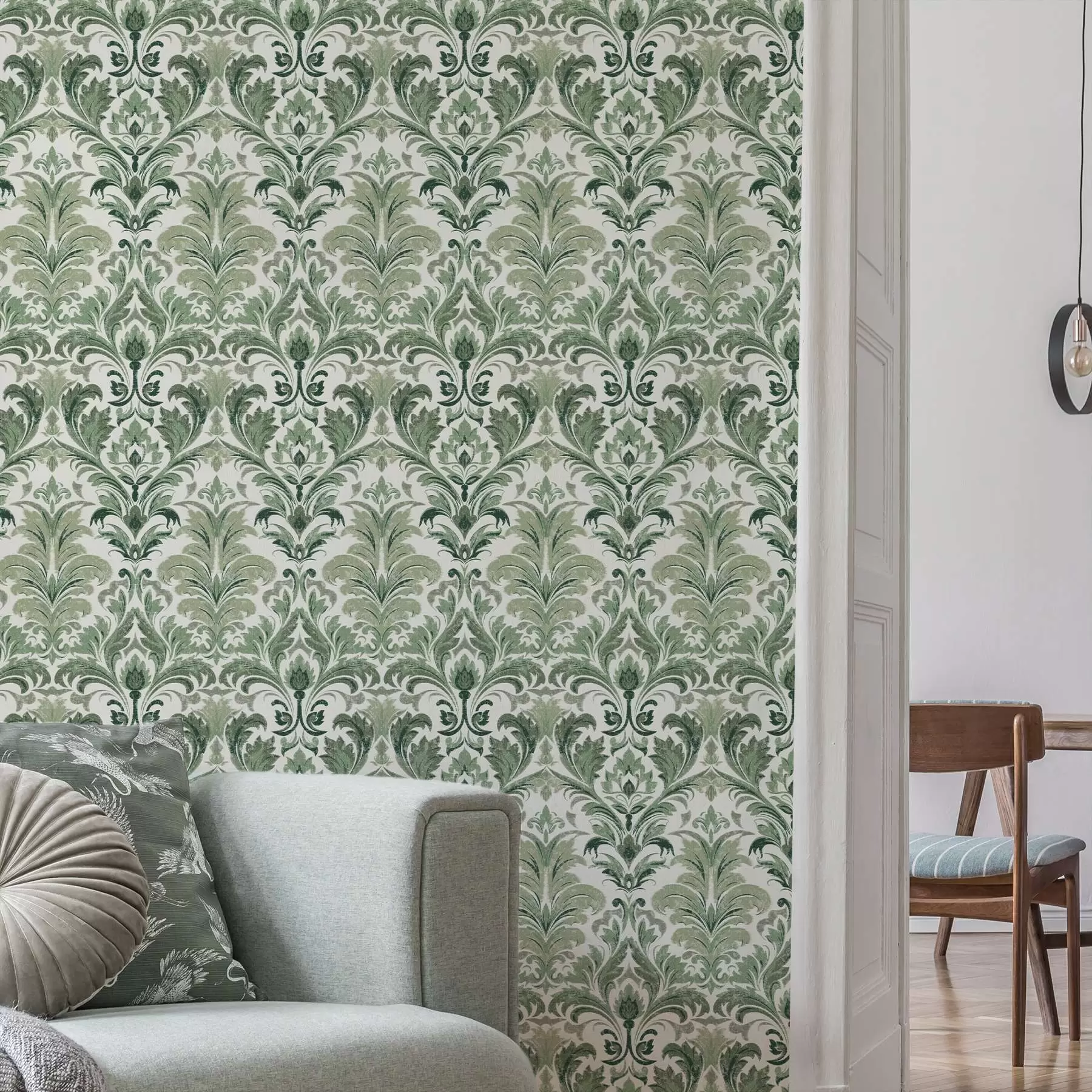 wall murals Зелени дамаск са рељефном текстуром на светлој позадини a00692