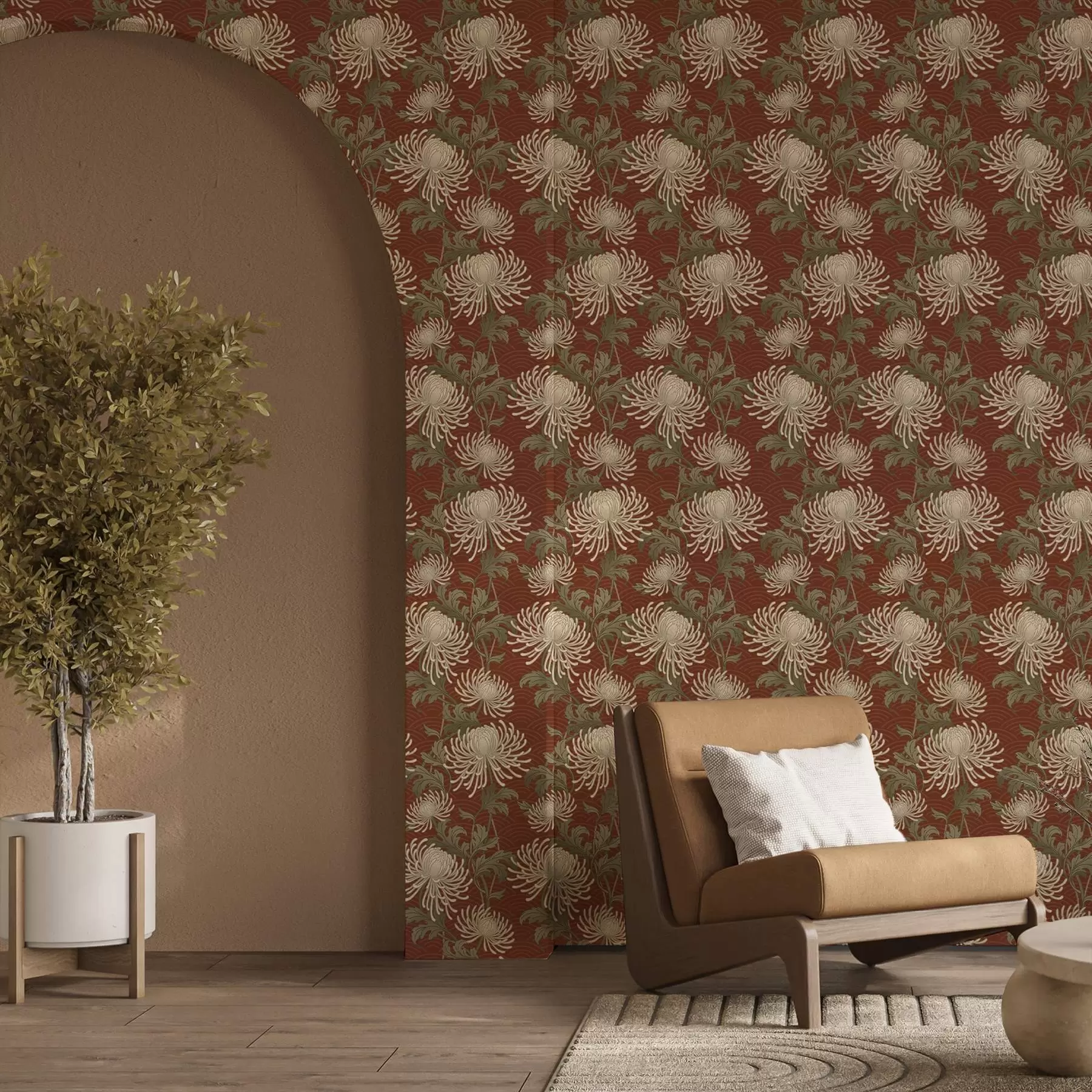 wall murals Крем хризантеме на теракотној позадини, азијски стил a00693