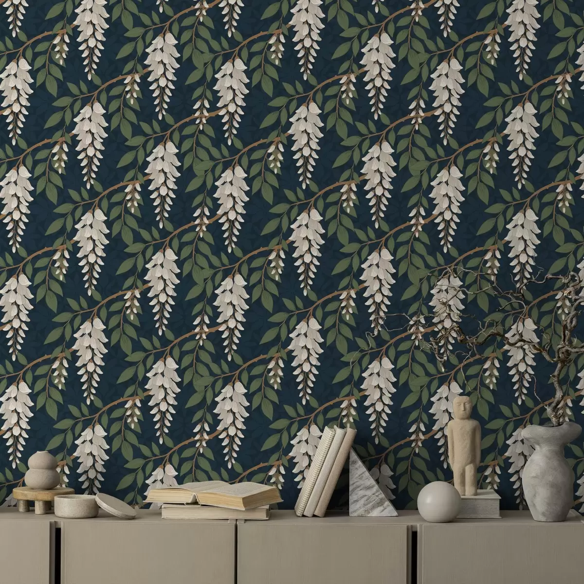 Позадина Глицинија боје слоноваче на дубоко цијанској позадини a00694v1