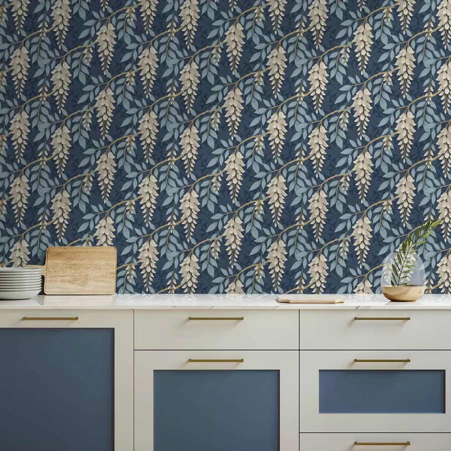 wall murals Глицинија са плавим листовима на тамноплавој позадини a00694v2