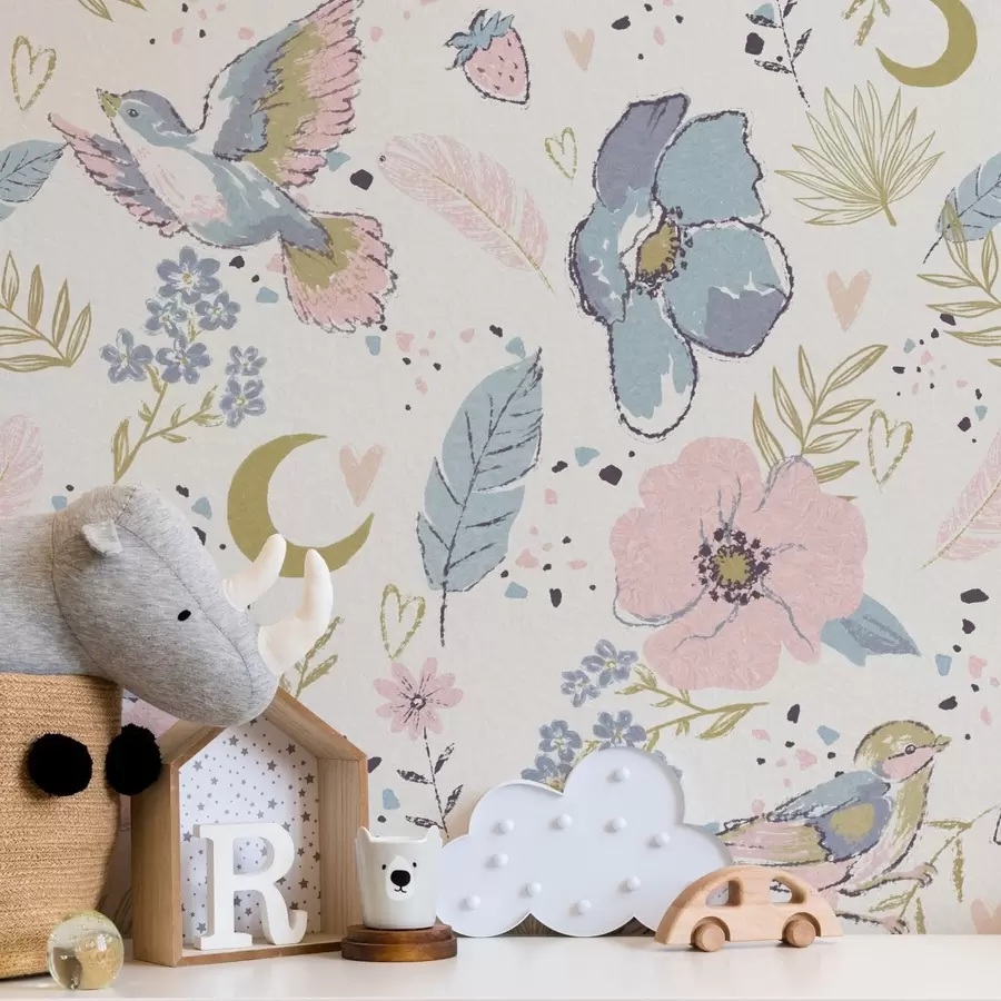 wall murals Пастелне птице и цвеће са полумесецом на белој позадини a00721