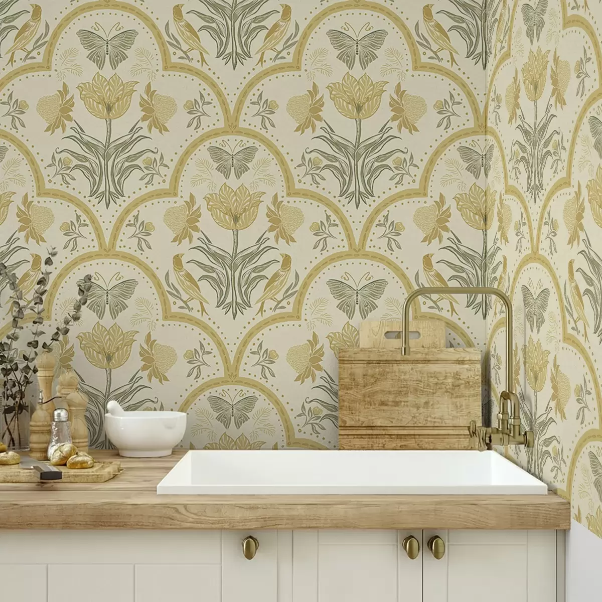 Позадина Орнамент са тулипаном, птицама и лептирима, окер a00722