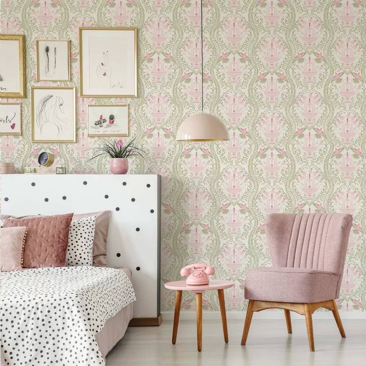 Позадина Фонтане, колибрији и зелени свици на светлој позадини a00723