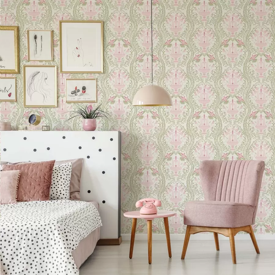 wall murals Фонтане, колибрији и зелени свици на светлој позадини a00723