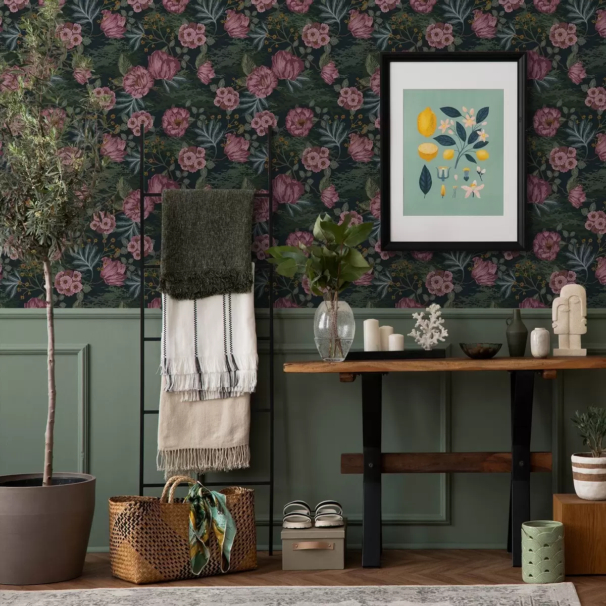 Позадина Тамна флора са ружичастим цветовима и листовима, дубока позадина a00724