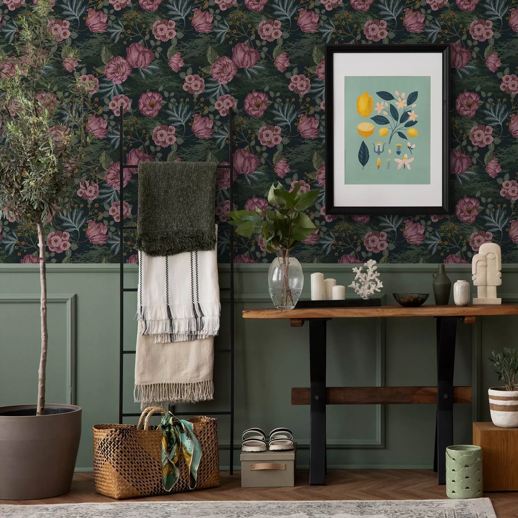 wall murals Тамна флора са ружичастим цветовима и листовима, дубока позадина a00724