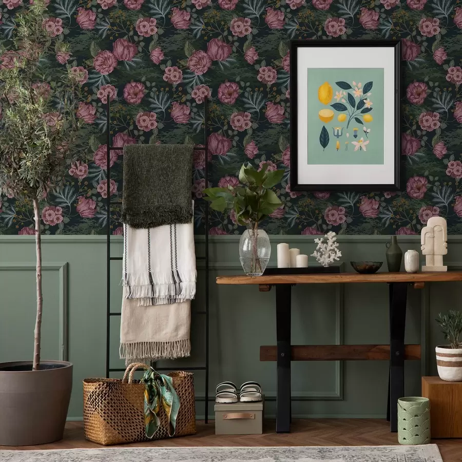 wall murals Тамна флора са ружичастим цветовима и листовима, дубока позадина a00724